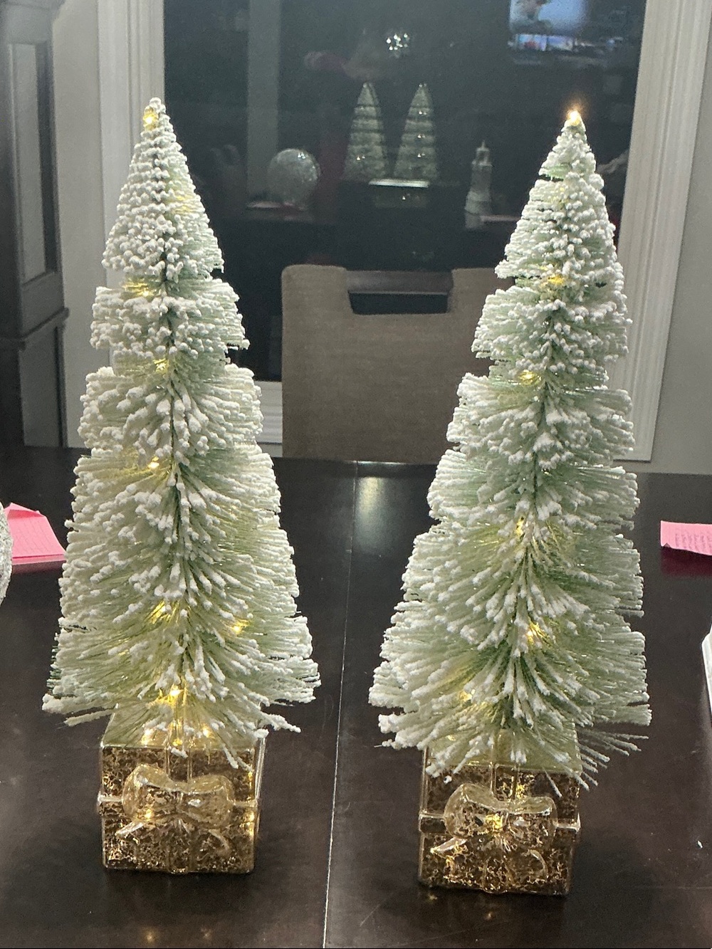 Flocked LED Bottle Brush Christmas Tree Pair with Silver Gift Box Bases